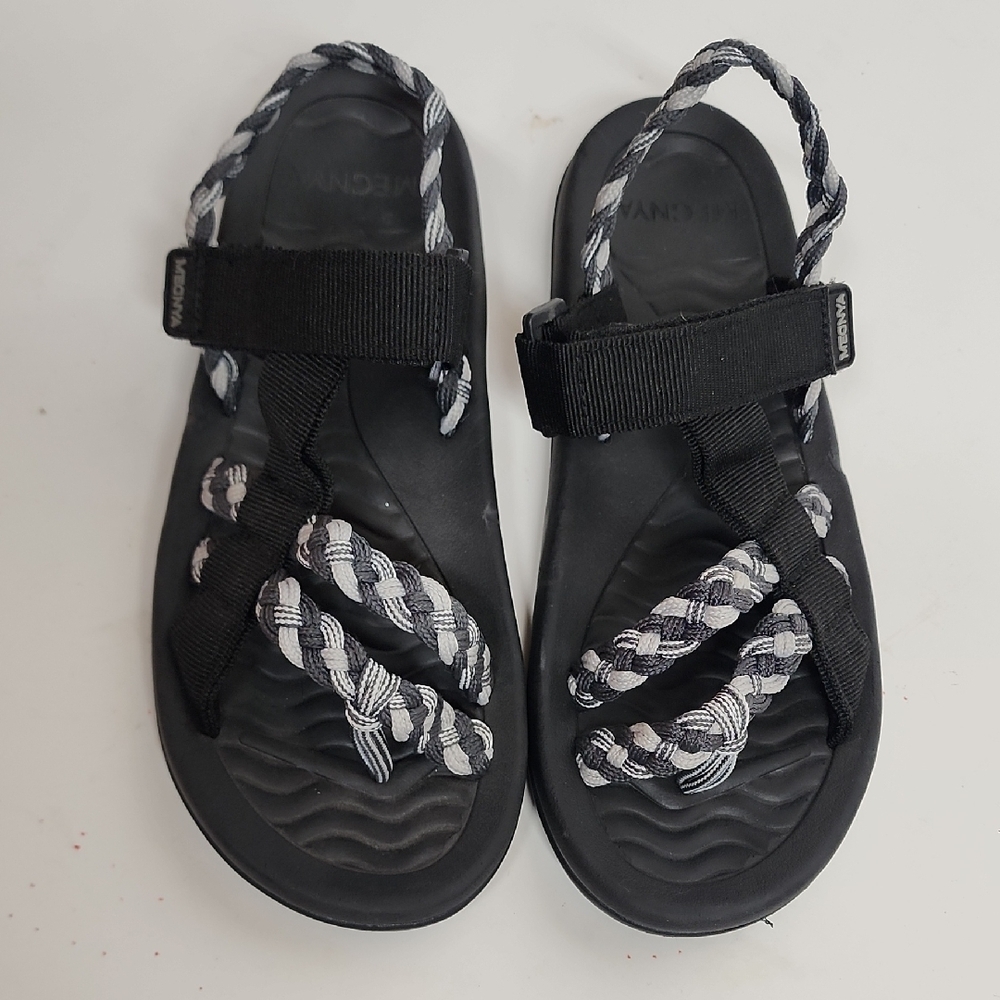 Megnya black & white toe loop braided & velcro straps hiking sandals. sz 41/10.5